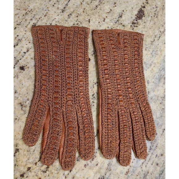 Vintage Size M 7 Brown Leather And Knit Handmade Gloves Hammer Of Hollywood - Picture 1 of 16